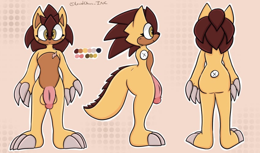 anthro balls brown_body brown_eyes brown_hair claws finger_claws genitals hair hi_res lewdchuu_(artist) mach_(marxscarlet) male mammal model_sheet pangolin penis solo tail toe_claws