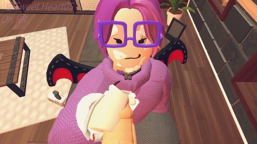 bat_wings cum_on_face demithefemboy05 femboy gay glasses handjob rec_room rec_room_fba_(costume) smiling splenda_(rec_room)