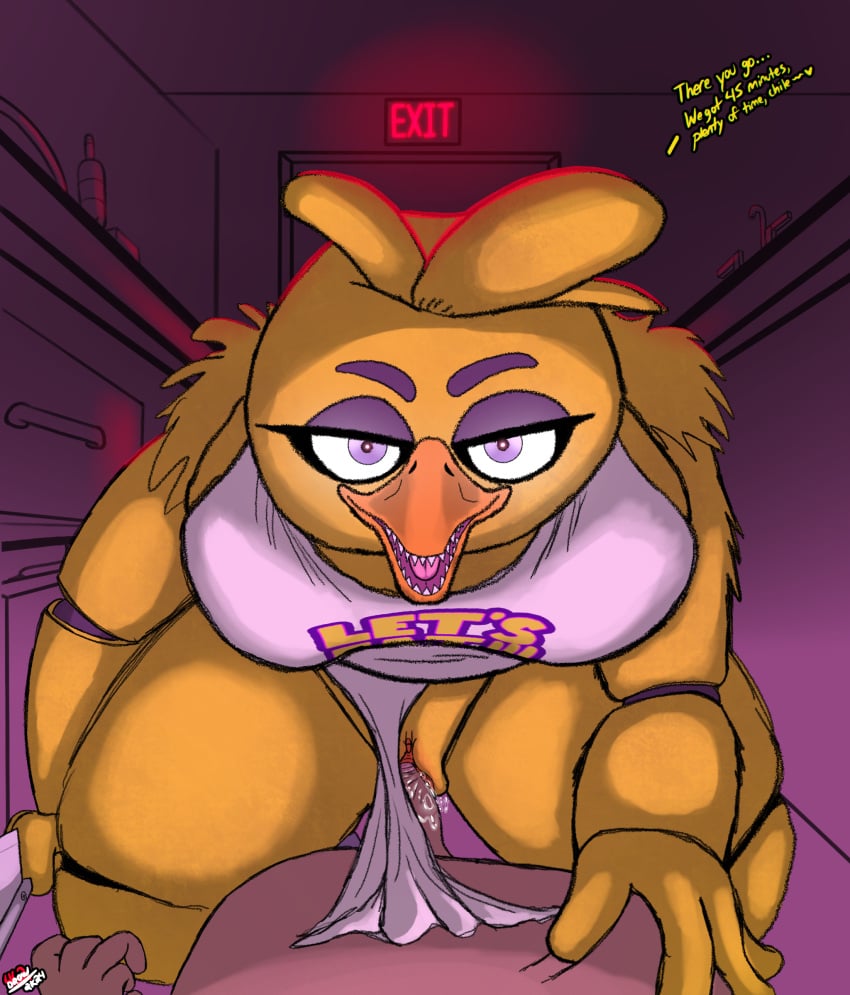 animatronic anthro apron apron_only arm_tuft avian beak big_breasts bird bodily_fluids bottomwear bottomwear_down breasts chica_(fnaf) chicken cleaver_(knife) clothed clothing cutlery dialogue dominant dominant_female drow462 duo erection exit_sign feather_hair feathers female first_person_view five_nights_at_freddy's galliform gallus_(genus) genital_fluids genitals glowing glowing_eyes hi_res human inside kitchen kitchen_knife kitchen_utensils kneeling knife looking_at_viewer looking_down looking_down_at_viewer low-angle_view machine male male/female mammal mommy_kink mostly_nude offering_hand orange_beak pants pants_around_ankles pants_down partially_clothed penetration penile penile_penetration penis phasianid pseudo_hair purple_eyes pussy rim_lighting robot scottgames sex sharp_teeth shoulder_tuft straddling submissive submissive_male talking_to_viewer teeth text text_on_clothing text_on_topwear thick_thighs tools toothed_beak topwear tuft vaginal_fluids yellow_body yellow_feathers