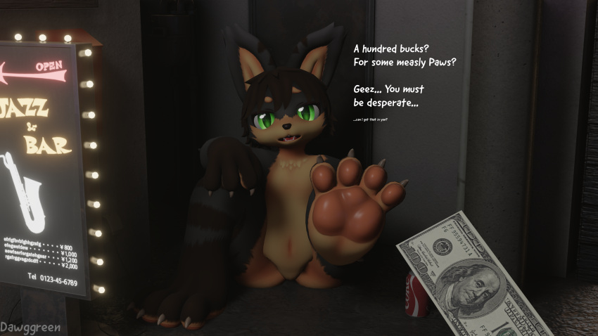 3d absurd_res anthro beverage beverage_can blender_eevee bribery canid canine cola dawggreen digital_media_(artwork) duo feet foot_focus hi_res male mammal money offscreen_male pawpads sign skafu_(dvorakir) soda street_corner text watermark