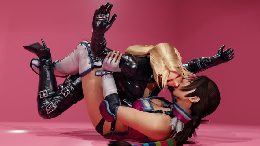 2girls 3d blonde_hair catfight competitive_intercourse female females_only jaycee jaycee_(tekken) julia_chang latex lesbian lesbian_kiss multiple_girls nina_williams sexfight submission_hold tekken wrestler wrestling wrestling_outfit yuri