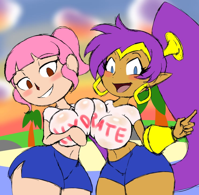 2girls alternate_breast_size animal_crossing beach big_breasts breast_squeeze crossover emma_(animal_crossing) female female_only multiple_girls only_player shantae shantae_(character) sunset villager_(animal_crossing) wet_shirt zebunnyparadise