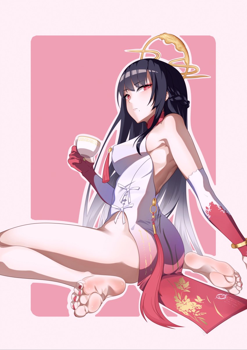 alternate_costume black_hair clothed dress feet foot_fetish foot_focus highres medium_breasts mole punishing:_gray_raven qu_(artist) qu_(punishing:_gray_raven) red_eyes robot_girl soles solo toes very_long_hair