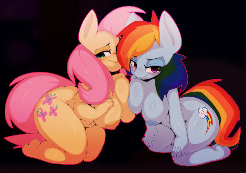 anthro anthrofied areola big_breasts biped blue_body breast_squish breasts breasts_frottage duo ephemilie equid equine female female/female fluttershy_(mlp) friendship_is_magic hair hasbro hi_res kneeling mammal my_little_pony nipples nude pink_hair rainbow_dash_(mlp) squish thick_thighs