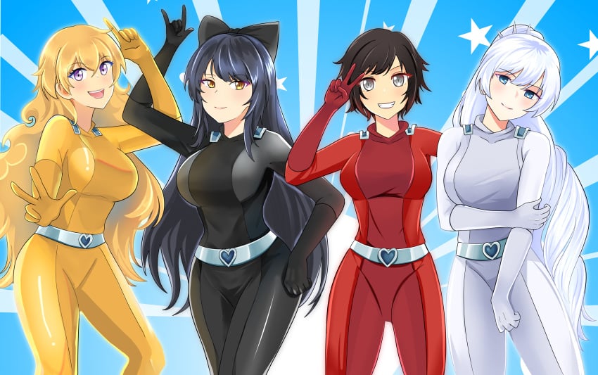 4_bodysuits 4girls blake_belladonna bodysuit crossover female female_only hazunanoni human multiple_girls png ruby_rose rwby skintight_bodysuit team_rwby totally_spies weiss_schnee yang_xiao_long