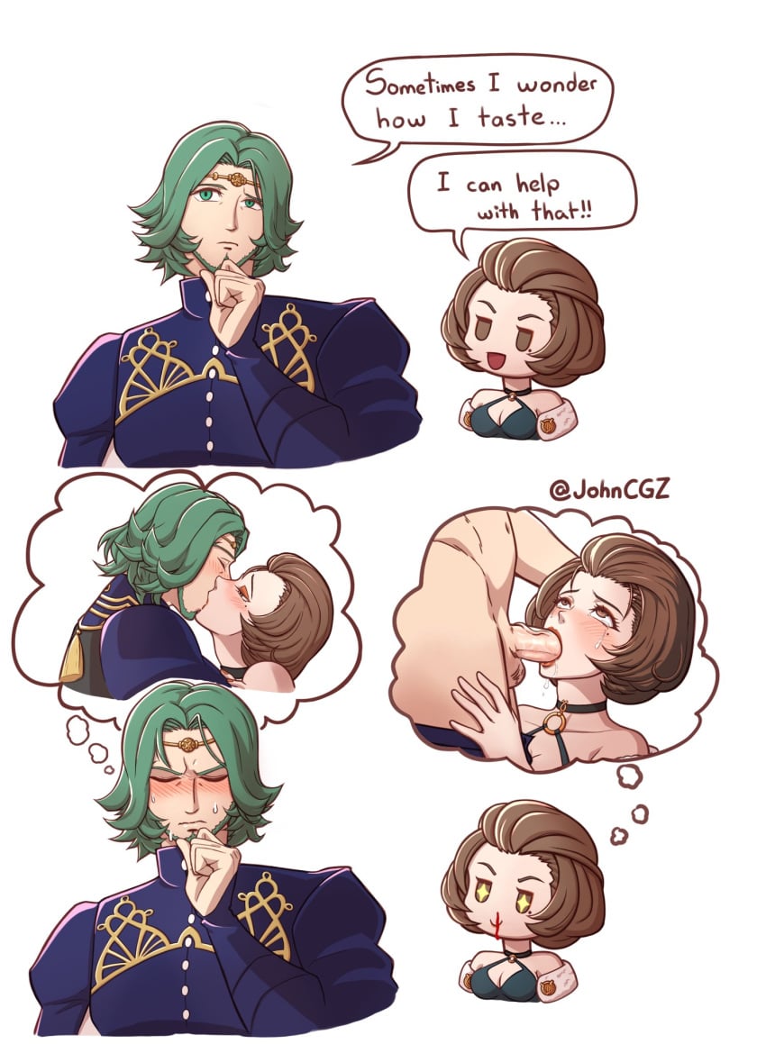 +_+ 1boy 1girls beard beauty_mark blush breasts brown_eyes brown_hair chibi cleavage closed_eyes crying crying_with_eyes_open dress embarrassed english_text excited eyeshadow fellatio female female_pervert fire_emblem fire_emblem:_three_houses green_hair happy imagining johncgz kissing lipstick long_sleeves makeup male manuela_casagranda medium_breasts meme mole mole_under_eye nintendo nosebleed open_mouth oral orange_eyeshadow orange_lips orange_lipstick pelvic_curtain penis pervert seteth_(fire_emblem) short_hair text thinking white_background