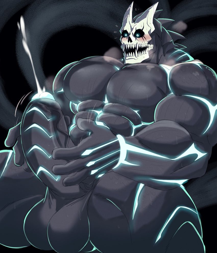 balls bara big_balls big_biceps big_penis black_balls blushing cum erection genital_fluids glowing glowing_body glowing_genitalia glowing_glans huffing huge_balls huge_cock huge_pecs huge_pectorals huge_penis hybrid kafka_hibino kaiju kaiju_no.8 kaiju_no.8_(kafka) male male_only monster monster_boy muscular muscular_arms muscular_male muscular_thighs nude orgasm pecs pectorals penis sharp_teeth six_pack thick_ass_monster thick_thighs