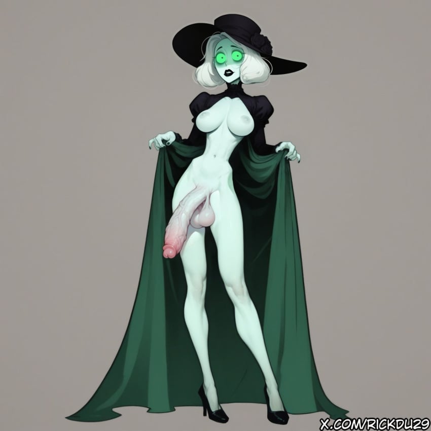 ai_generated black_lips black_lipstick classy creepy dress ftm_transformation futa_only futanari ghost ghost_girl glowing_eyes large_breasts large_penis open_dress pale_skin penis rickette testicles victorian