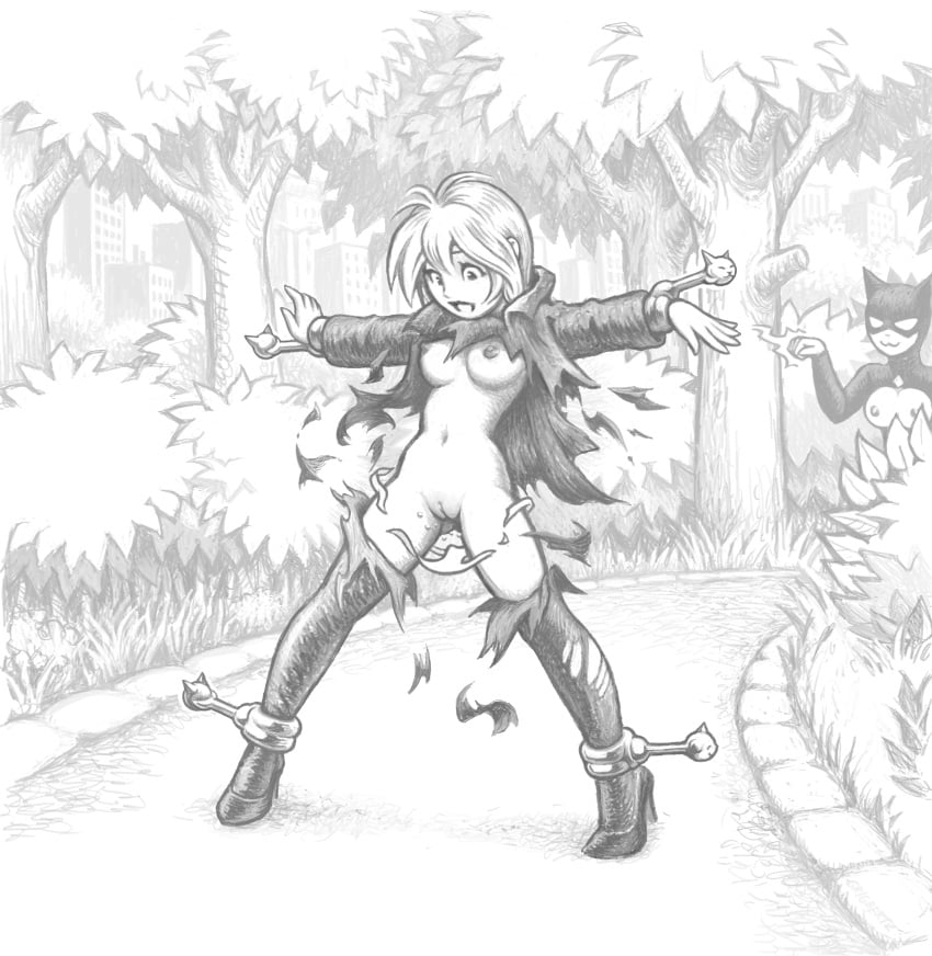 bondage bound female female_only femsub forest forest_background greyscale grigbertz high_heels monochrome outdoors story story_at_source story_in_description superpowers surprise surprised surprised_expression telekinesis torn_clothes