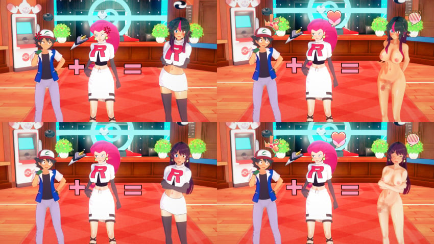 3d deqv7 fusion fusion_character futanari jessie_(pokemon) pokemon pokemon_(species) satoshi_(pokemon) transformation