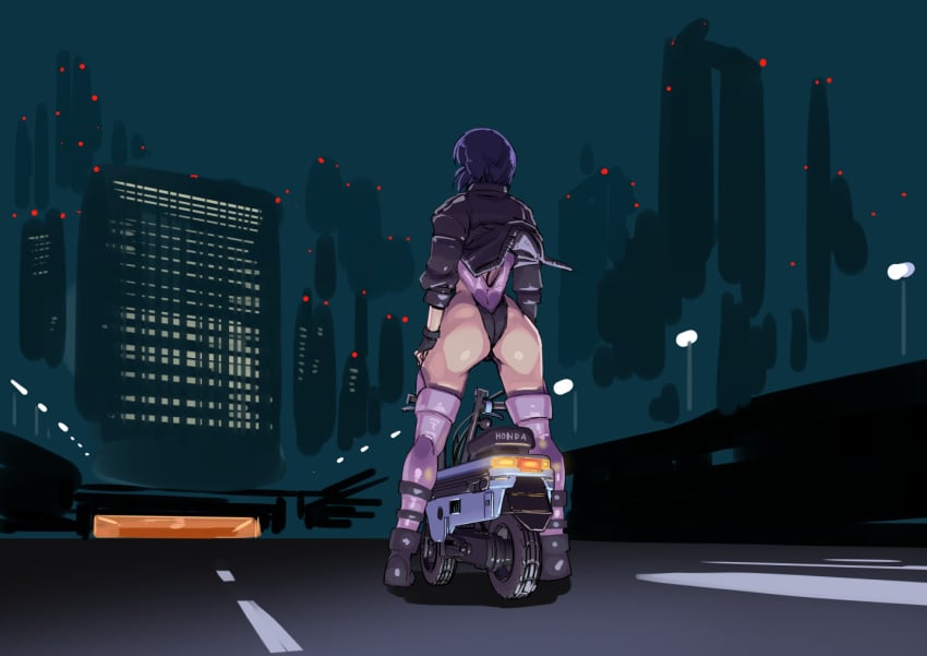 1girls asian asian_bimbo asian_female ass back backless_outfit bimbo breasts building butt_crack city_lights facing_away female fingerless_gloves from_behind ghost_in_the_shell gloves highleg highleg_leotard honda honda_motocompo jacket kneepits kusanagi_motoko lamppost large_breasts leotard light-skinned_female light_skin minibike monkey_bike motor_vehicle motorcycle night outdoors purple_hair road sashizume_soutarou science_fiction short_hair skyscraper solo standing thighhighs thong_leotard tomboy