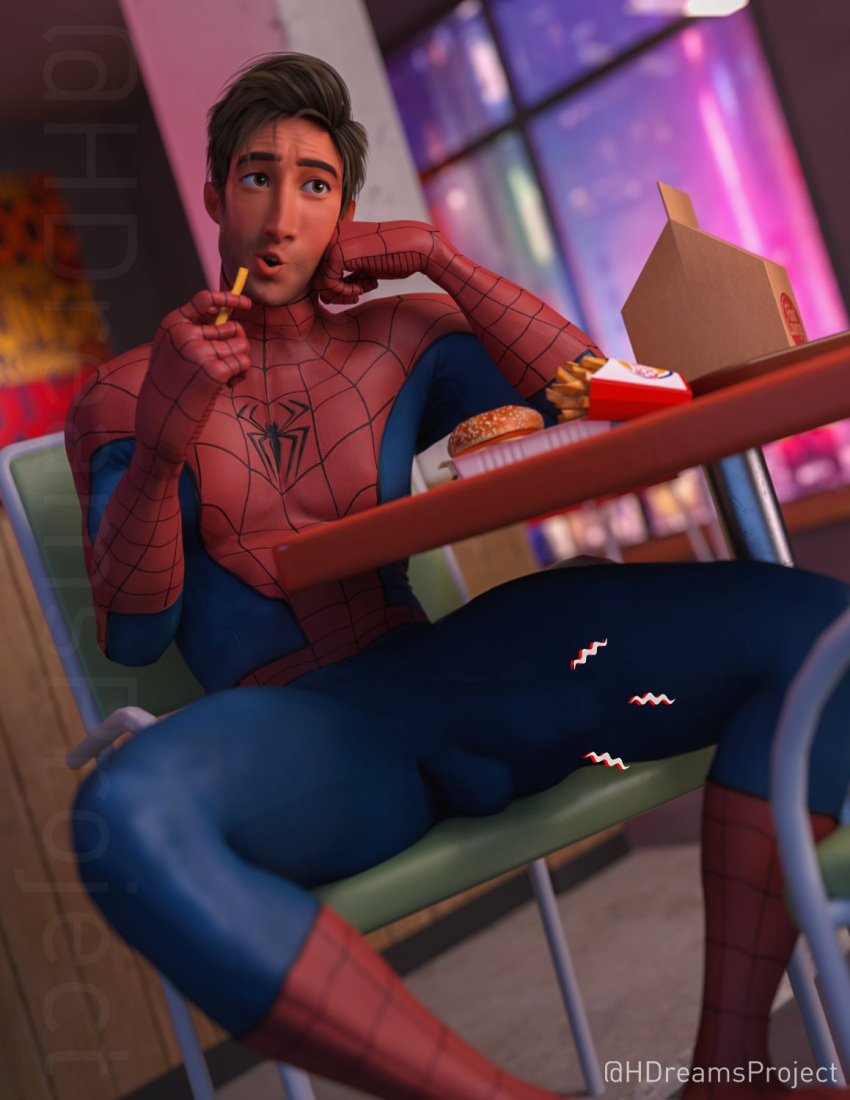 3d 3d_model balls_under_clothes bara big_bulge bodysuit bulge clothing daddy dilf erection_under_clothes hdreamsproject huge_bulge low-angle_view male male_only manly marvel mature_male muscular muscular_male penis_outline penis_under_clothes peter_b_parker peter_parker skin_tight solo spider-man spider-man:_across_the_spider-verse spider-man:_into_the_spider-verse spider-man_(series) tight_clothing