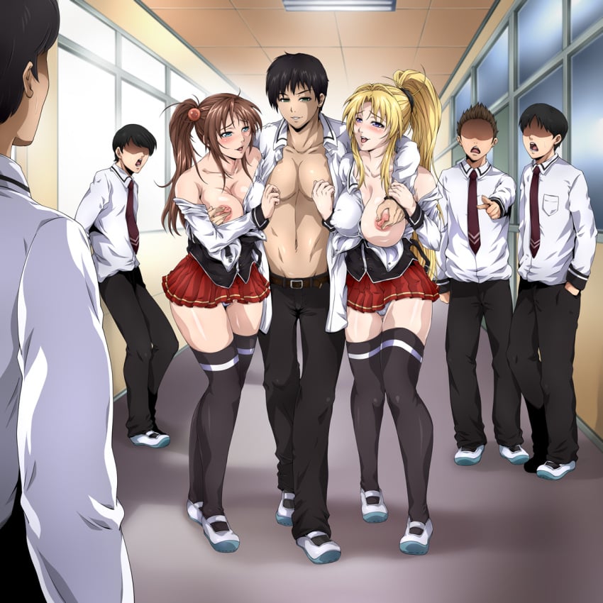 2girls 5boys academy_uniform_(bible_black) after_sex arm_grab being_watched belt bible_black big_breasts blonde_hair blush breast_grab breasts brown_hair classmate envy exhibitionism eyeless eyeless_male green_eyes groping groping_breasts hallway happy happy_female huge_breasts imari_kurumi jealous jealousy long_hair looking_at_another looking_at_partner looking_pleasured minase_taki moaning multiple_boys multiple_girls necktie nipple_pinch nipple_play nipple_tweak no_bra no_bra_under_clothes one_breast_out open_clothes open_shirt pants people_watching pimp ponytail public public_indecency purple_eyes retorou saeki_kaori school school_uniform schoolgirl shirt shoes short_hair side_ponytail skirt stockings surprised suspenders teal_eyes thighhighs tied_hair very_long_hair vest walking watching