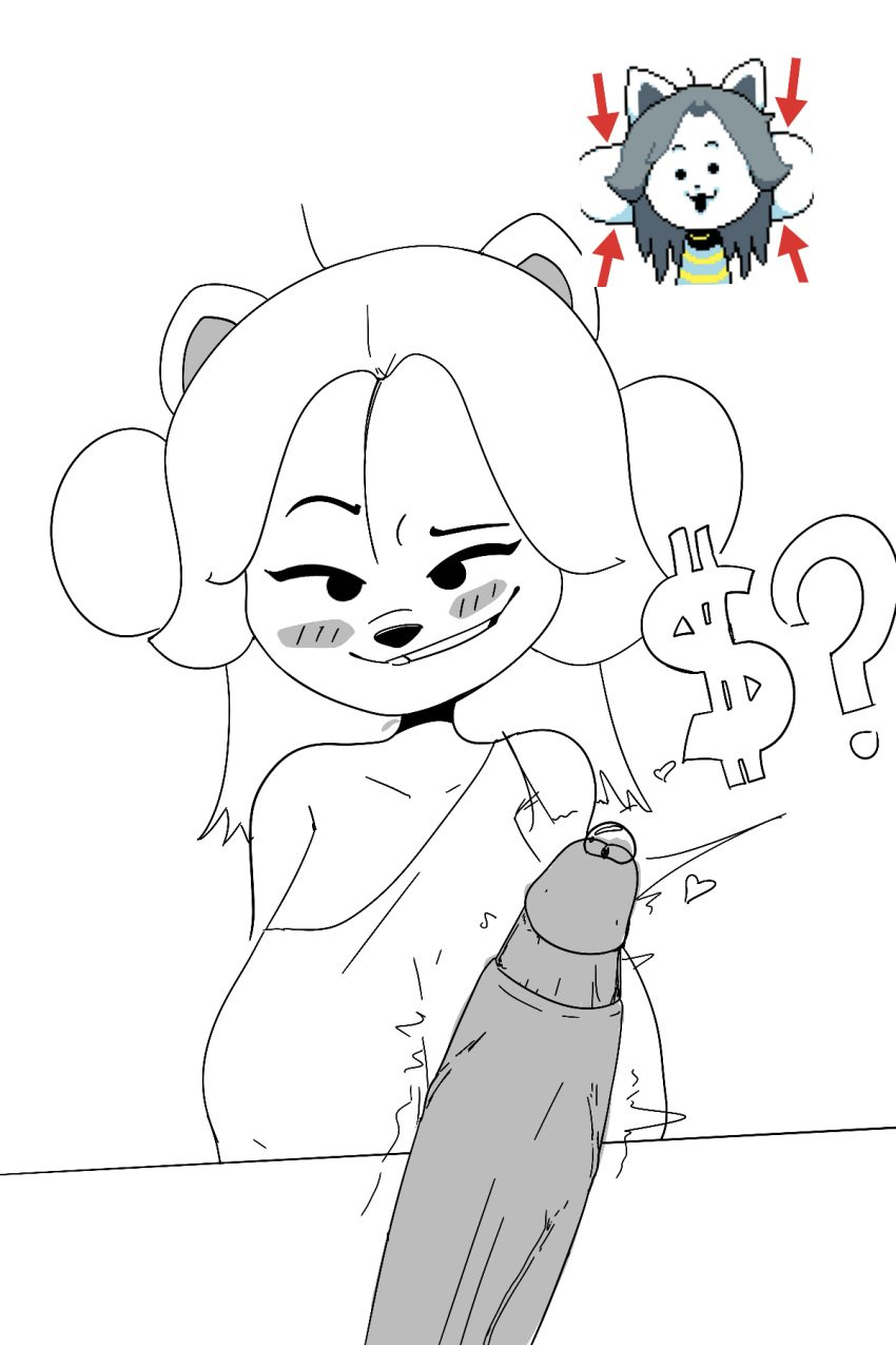 anthro black_and_white blush furry huge_breasts huge_cock huge_cock huge_nipples hyogo loose_clothes precum puffy_nipples seductive_eyes seductive_look seductive_smile shoulders simple_background simple_shading temmie temmie_(deltarune) temmie_(undertale) undertale undertale_(series)