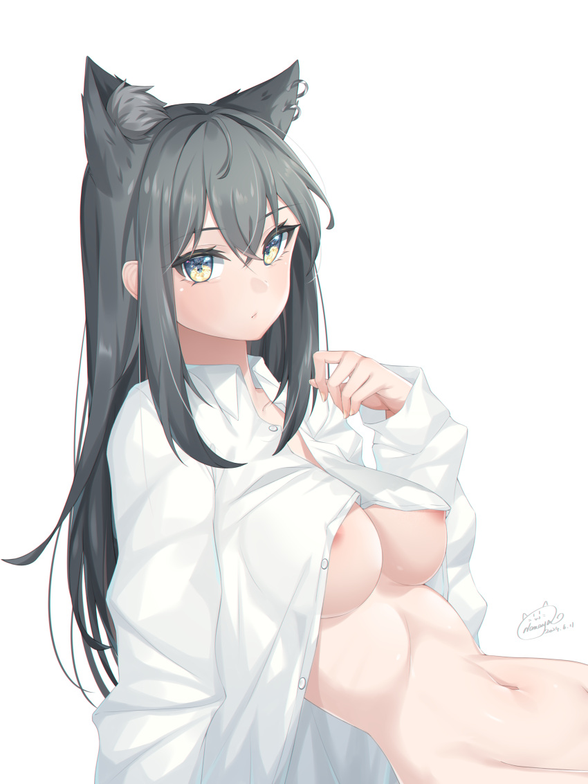 1girls 2024 animal_ears arknights artist_signature bare_breasts belly big_breasts black_hair blush breasts hi_res kemonomimi light-skinned_female light_skin long_hair looking_at_viewer midriff nanaya_journey nipples no_bra shirt shirt_lift simple_background solo texas_(arknights) white_background wolf_ears wolf_girl