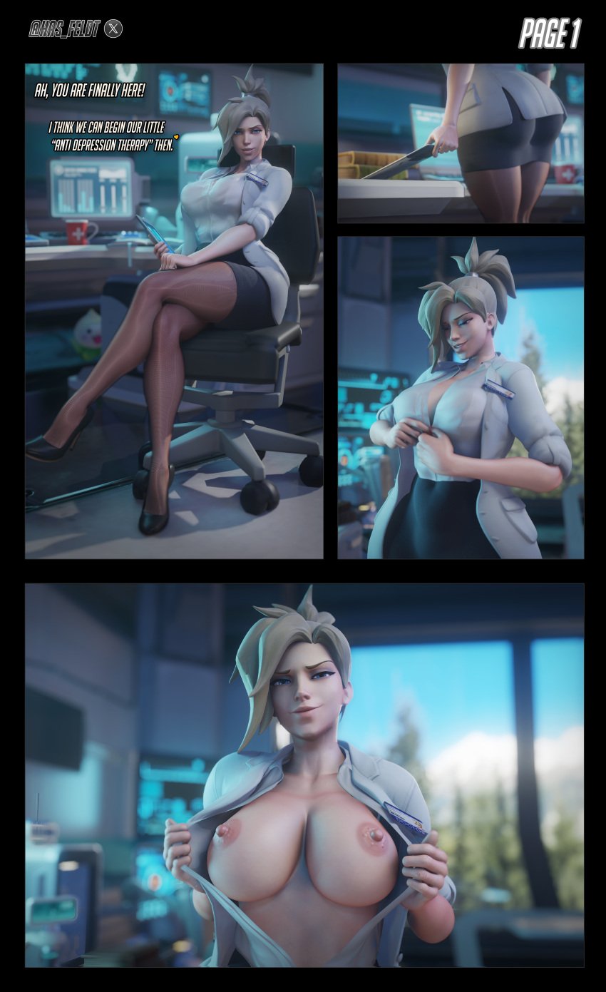 1girls 3d 3d_(artwork) 3d_comic anus ass big_ass big_breasts blender blender_(software) blizzard_entertainment blonde_hair blue_eyes blurry_background breasts comic comic_page doctor dr._ziegler english_text feet female female_focus female_only hasfeldt labcoat mercy overwatch overwatch_2 page_1 page_number pantyhose pussy seductive seductive_look skirt stripping tagme text watermark