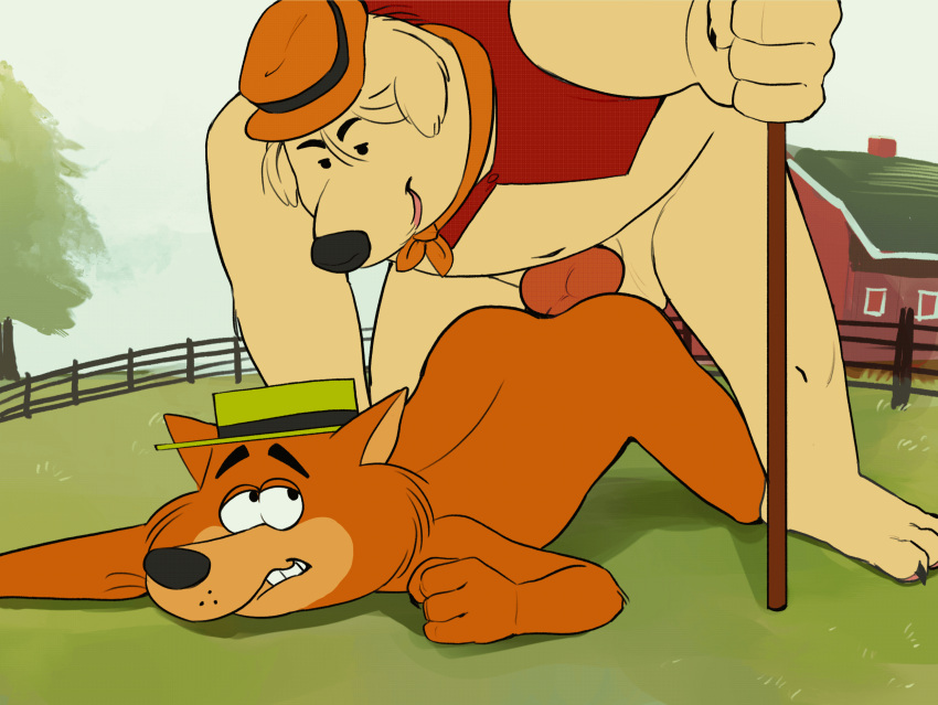 animated anthro barn bristle_hound canid canine canis clothing domestic_dog duo fence hanna-barbera hat headgear headwear herding_dog hi_res holding_neck it's_the_wolf knot knotting male male/male mammal mildew_wolf moan orange_body overweight overweight_male pastoral_dog sex sheepdog swarentaiger topwear vest wolf yellow_body