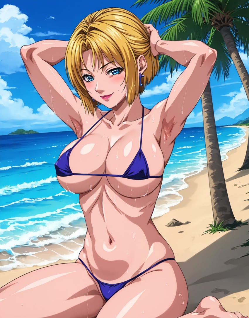 1girls ai_generated armpits arms_behind_head arms_up bare_midriff bare_shoulders bare_thighs barefoot beach bible_black big_breasts bikini bikini_bottom bikini_top blunt_bangs blush bob_cut breasts cleavage cross_earrings curvaceous earrings feet female female_only hi_res huge_breasts jewelry kitami_reika kneeling lipstick long_hair makeup mature mature_female micro_bikini midriff milf nitram ocean on_knees oppai outdoors palm_tree parted_bangs pose posing posing_for_the_viewer revealing_swimsuit sand seaside shoulder_length_hair skimpy skimpy_bikini small_bikini smile solo solo_focus swimsuit thighs tight_bikini voluptuous water wet wet_body wet_skin
