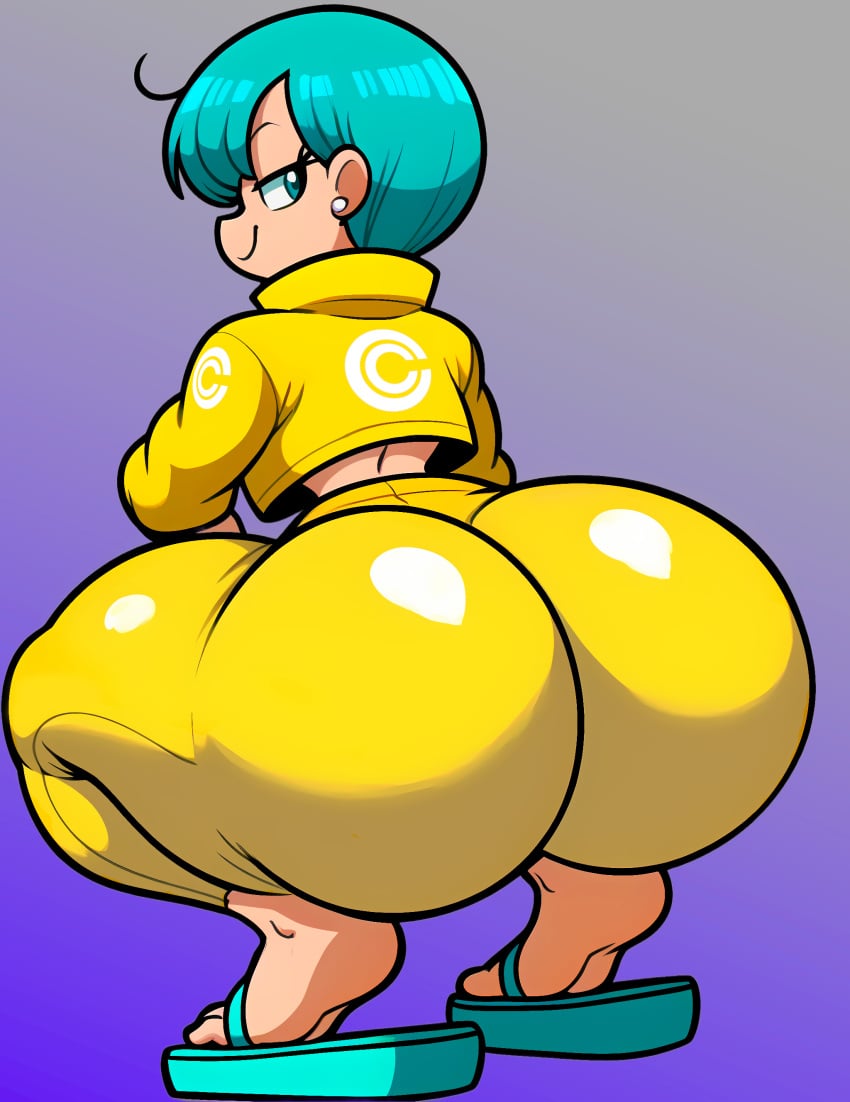 ai_generated blue_eyes blue_hair bulma_briefs bulma_briefs_(dragon_ball_super_superhero) capsule_corporation_logo dragon_ball_(series) dragon_ball_super_super_hero feet female female_only flip_flops from_behind huge_ass looking_back massive_ass sandals shiny_ass smile soles solo solo_female solo_focus squatting toes virtuai yellow_clothing