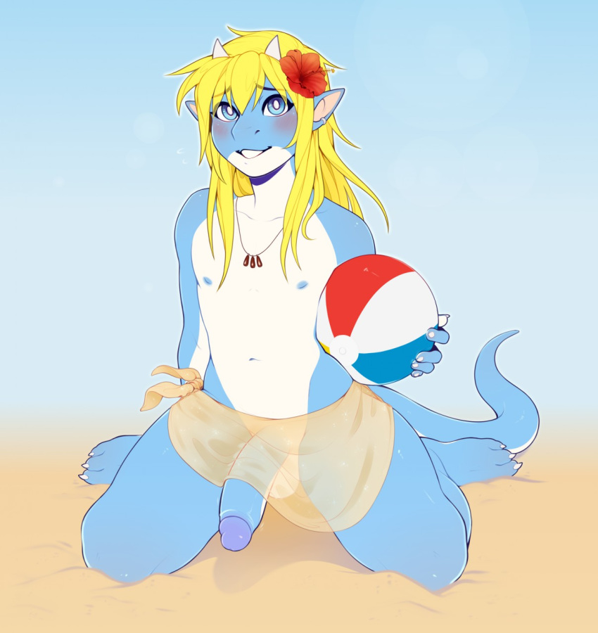 anthro ball balls beach beach_ball blonde_hair blush dragon flaccid girly hair hi_res horn humanoid_penis kneeling looking_at_viewer male nipples penis seaside sillysinz solo