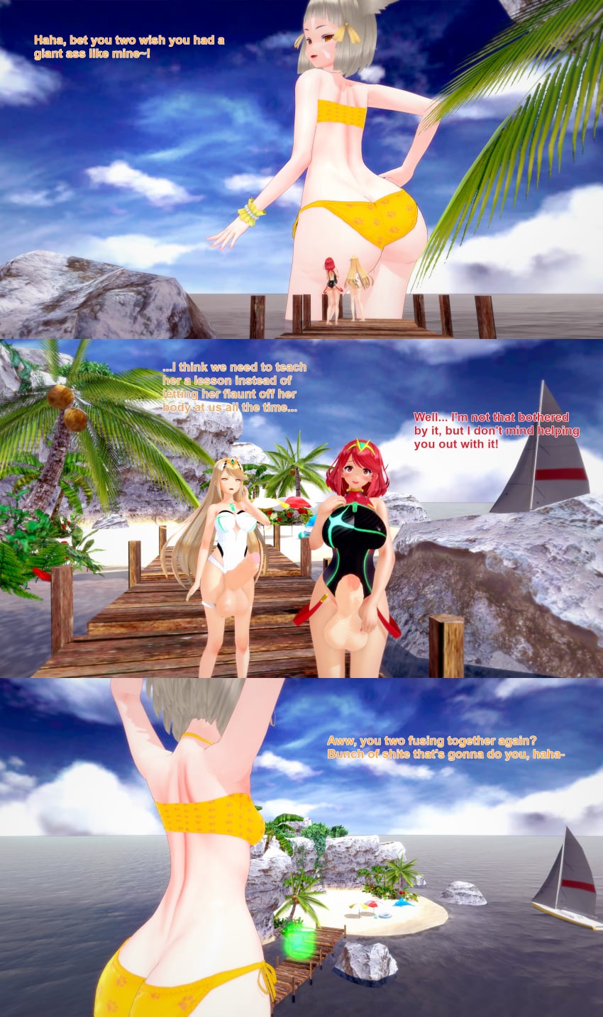 1girls 2futas 3d ass bikini blonde_hair cat_ears cat_girl english_text female futanari giantess grey_hair huge_ass huge_cock intersex koikatsu mythra mythra_(radiant_beach)_(xenoblade) mythra_(xenoblade) nia_(xenoblade) nintendo one-piece_swimsuit penis pyra pyra_(pro_swimmer)_(xenoblade) pyra_(xenoblade) red_hair swimsuit text xavierhuge xenoblade_(series) xenoblade_chronicles_2