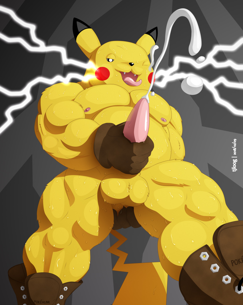 1boy 2018 absurd_res anal anal_fingering animal_genitalia anthro anthrofied biceps boots cel_shading chubby clothing cum ejaculation electricity fingering footwear fur furry gloves grey_background handjob hi_res leather lightning male male_only maxwell_(tjloog) musclegut muscular muscular_male nintendo nipples nude orgasm original_character pecs penis pikachu pink_penis pokémon_(species) pokemon pokemon_rgby rodent sex sheath silver_eyes simple_background slightly_chubby solo sweat teeth testicles text thick_thighs tjloog tongue video_games watermark wide_hips yellow_fur