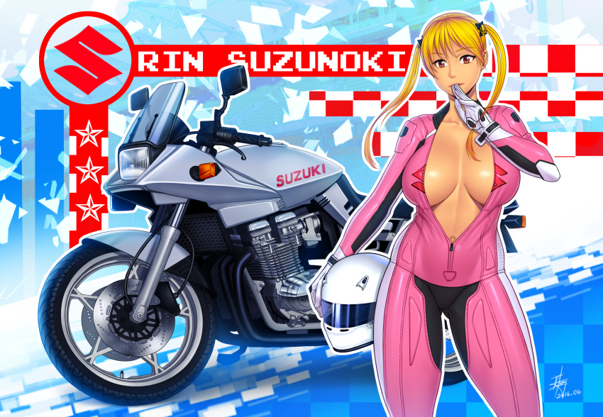 bike blonde_hair breasts ero-chong pink_suit sideboob