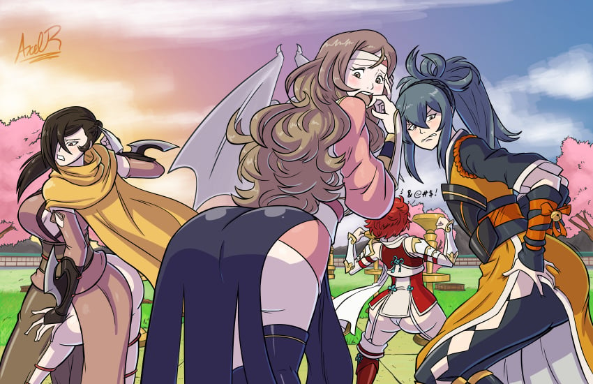 4girls armor ass ass_expansion axel-rosered blue_hair breasts brown_eyes brown_hair dat_ass fire_emblem fire_emblem_fates from_behind garter_straps grey_eyes hair_over_one_eye hana_(fire_emblem) highres hinoka_(fire_emblem) huge_ass kagero_(fire_emblem) kunoichi large_breasts leaning leaning_forward long_hair looking_back looking_down multiple_girls ninja oboro_(fire_emblem) outside pants ponytail red_hair shiny_skin wings