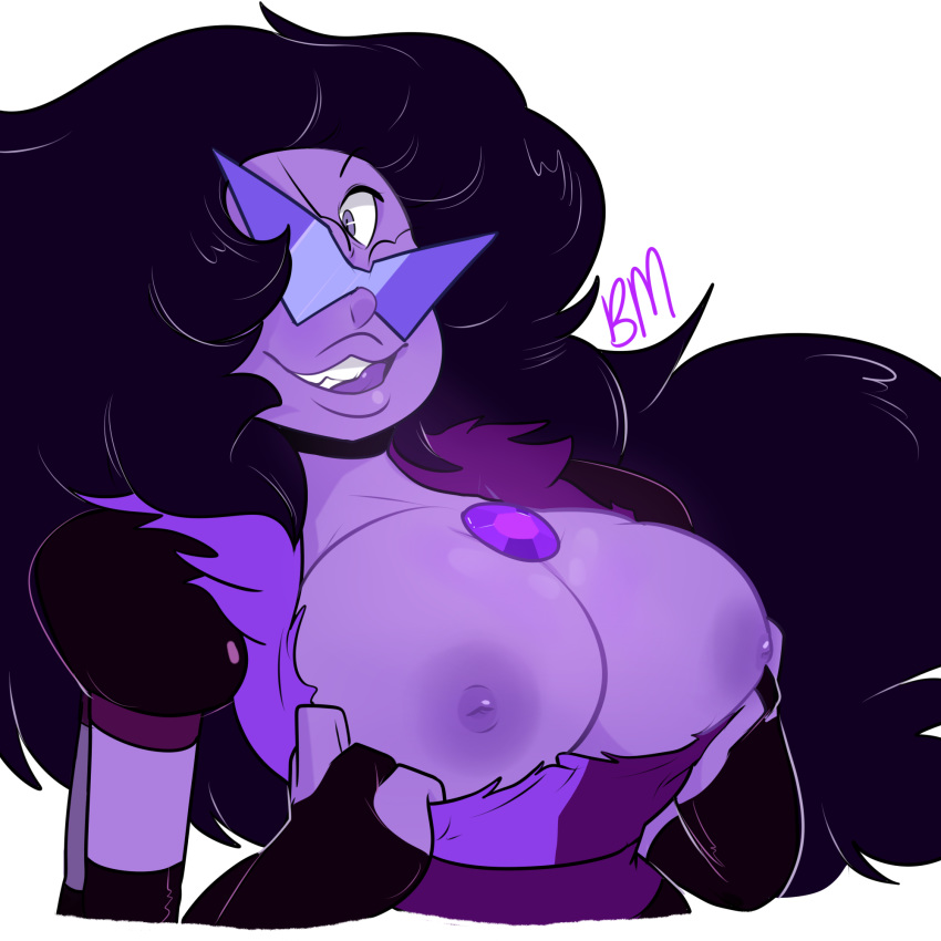 1girls blushmallet breasts cartoon_network clothed clothing female female_only gem_(species) gem_fusion happy huge_breasts long_hair nipples open_clothes open_mouth purple_hair purple_skin simple_background smile solo solo_female steven_universe sugilite_(steven_universe) white_background