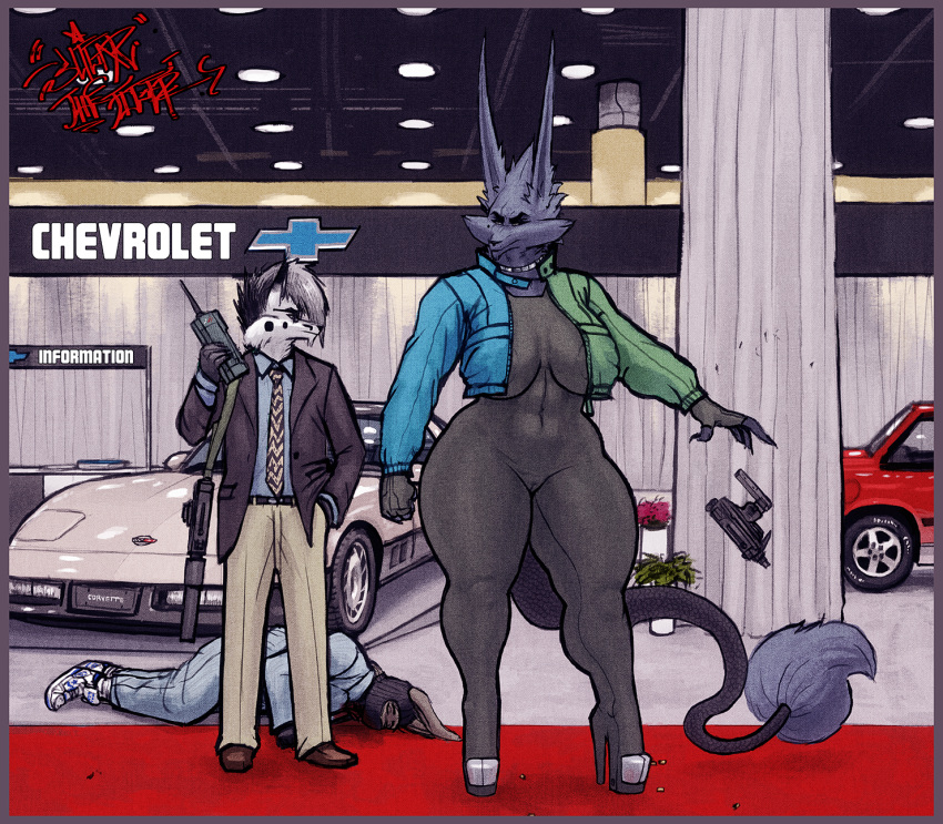 anthro big_breasts breasts cameltoe canid canine chevrolet clothed clothing corvette dubmare duo female footwear gun hi_res high_heels male mammal nipple_bulge platform_footwear platform_heels pokies ranged_weapon shoes sligarthetiger standing thick_thighs tight_clothing weapon wide_hips