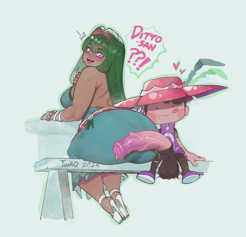 1boy 1girls 2d 2d_(artwork) ass blush bubble_butt cock_shock dark-skinned_female dark_skin dialogue ditto ditto_(pokemon) ditto_(pokemon_pokopia) ditto_copied_person dress english_text equine_penis eyeliner gijinka green_hair hat heart heels high_heels highres horse_penis horsecock horsecock_on_humanoid huge_ass illustration imminent_sex kemonomimi large_ass large_penis licking_lips looking_back milf open_mouth pantylines penis pink_eyes pokemon pokemon_(species) pokemon_pokopia pokopia precum precum_drip sitting size_difference speech_bubble sun_hat thiccwithaq venusaur