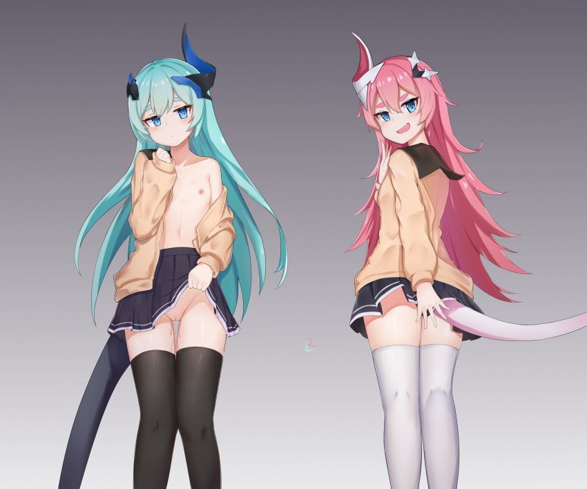 2girls :d absurdres aqua_hair bangs black_legwear black_sailor_collar black_skirt blue_eyes blush brown_jacket closed_mouth collarbone commentary_request covering covering_ass expressionless feet_out_of_frame flat_chest from_behind gradient gradient_background grey_background hair_ornament head_tilt highres honkai_(series) honkai_impact_3rd jacket liliya_olenyeva long_hair long_sleeves looking_at_viewer looking_back lrichle miniskirt multiple_girls nipples no_bra no_panties off_shoulder open_clothes open_jacket open_mouth pink_hair pleated_skirt pussy pussy_juice rozaliya_olenyeva sailor_collar siblings single_bare_shoulder skirt skirt_lift sleeves_past_wrists smile standing tail thick_eyebrows thigh_gap thighhighs twins very_long_hair white_legwear zettai_ryouiki