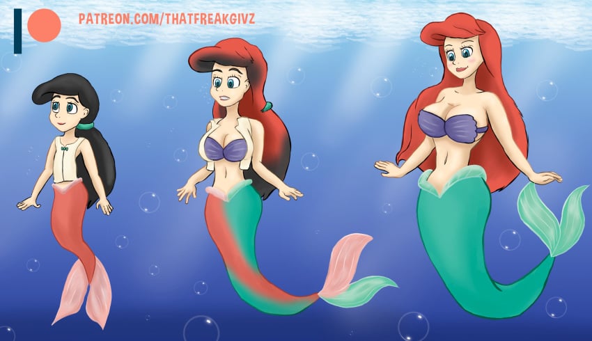 2018 2girls age_progression ariel big_breasts black_hair breasts busty clothed deviantart disney female female_only looking_away melody_(disney) mermaid mermaid_tail milf mother mother_and_daughter patreon red_hair smile text thatfreakgivz the_little_mermaid the_little_mermaid_ii:_return_to_the_sea transformation underwater watermark