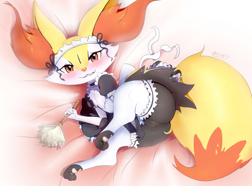 :3 absurd_res anthro ass bed blush bottomless braixen chest_tuft choker clothed clothing collar crown embarrassed eryz feather_duster female fur furry furry_only hi_res inner_ear_fluff laying_on_bed legwear looking_at_viewer maid_headdress maid_uniform mammal multicolored_tail nintendo pawpads pokémon_(species) pokemon pokemon_(species) pussy pussy_juice ribbons smile solo stockings tail tiara tuft uniform video_games