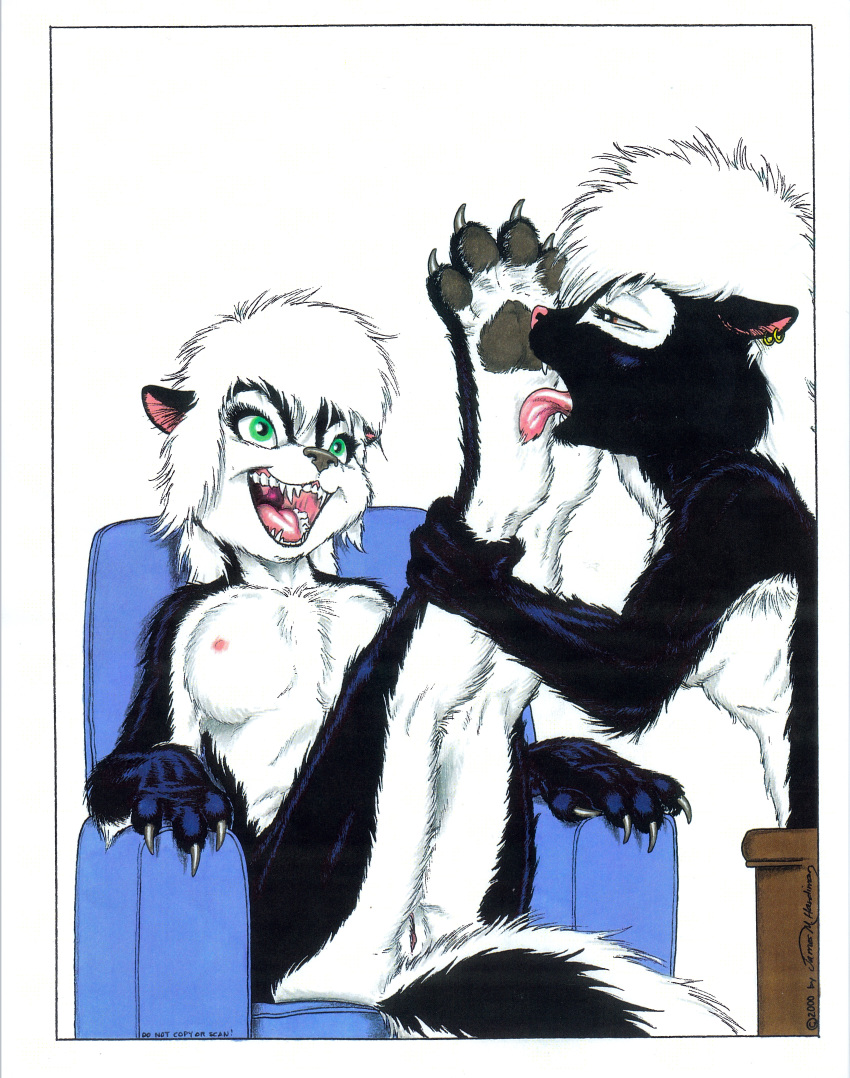 4_toes absurd_res anthro blue_eyes breasts claws duo ear_piercing fangs feet female foot_fetish foot_lick green_eyes half-closed_eyes hi_res hindpaw incest james_m_hardiman licking lori_(jmh) mammal mephitid nipples nude onyx_(jmh) pawpads paws piercing pussy siblings sister sisters skunk smile toe_claws toes tongue tongue_out yuri