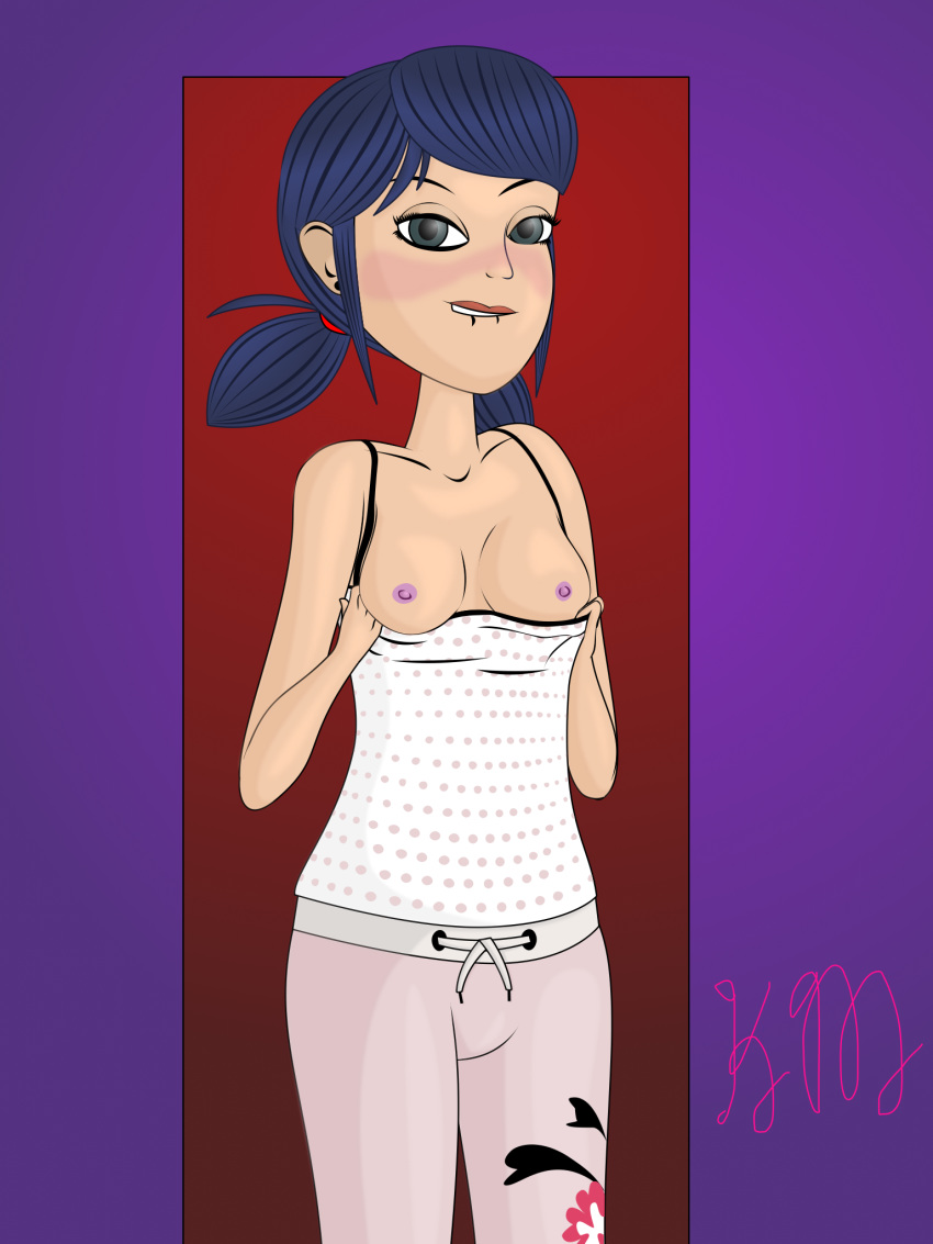 biting_lip blue_eyes blue_hair breasts female female_only flashing hdkyle looking_at_viewer marinette_cheng marinette_dupain-cheng miraculous_ladybug nipples pajamas solo tank_top topless twintails