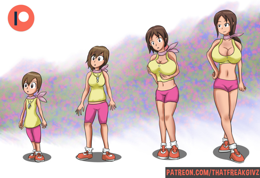 2019 2girls age_progression belly breast_expansion breasts brown_eyes brown_hair cleavage clothed clothing curvy daughter deviantart digimon digimon_adventure eyelashes female female_only hikari_yagami huge_breasts human large_breasts looking_away looking_down milf mother mother_and_daughter patreon small_breasts smile standing surprised text thatfreakgivz thick_thighs toei_animation transformation watermark yuuko_yagami