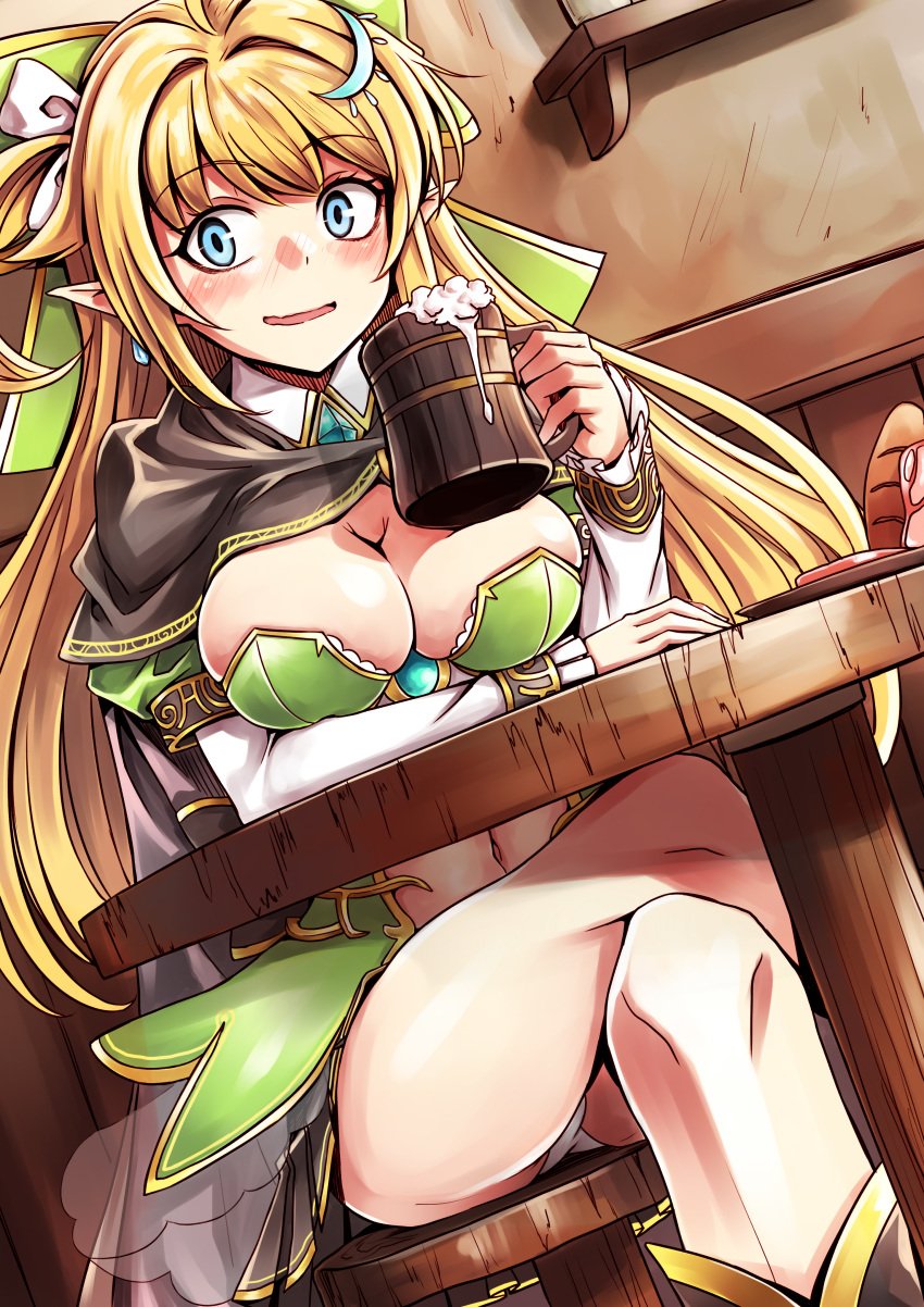 1girls big_breasts blonde_hair blue_eyes blush cleavage clothed crossed_legs dress elf epic7 female female_only karadborg large_breasts mug navel pointy_ears silk_(epic_seven) sitting wide_hips