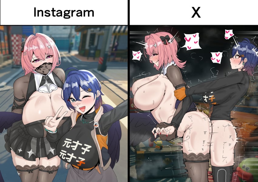 1futa 1girls 2026 2koma absurd_res absurd_resolution absurdres aqua_eyes ass belle_(zenless_zone_zero) big_breasts blue_hair blush breast_size_difference breasts clothed clothing dress facemask fingerless_gloves futa_with_female futanari hair_ornament hi_res high_resolution highres hoyoverse huge_breasts instagram large_breasts legwear light-skinned_futa light_skin light_skinned_female looking_at_viewer medium_hair mihoyo motion_lines nail_polish partially_clothed peace_sign pink_eyes pink_hair posing ramiel_(zenless_zone_zero) selfie selfie_pose sex size_difference spoken_heart standing sweat sweatdrop thighhighs trand1008 twitter v vaginal vaginal_penetration vaginal_sex wings wink winking_at_viewer x_(social_media) zenless_zone_zero