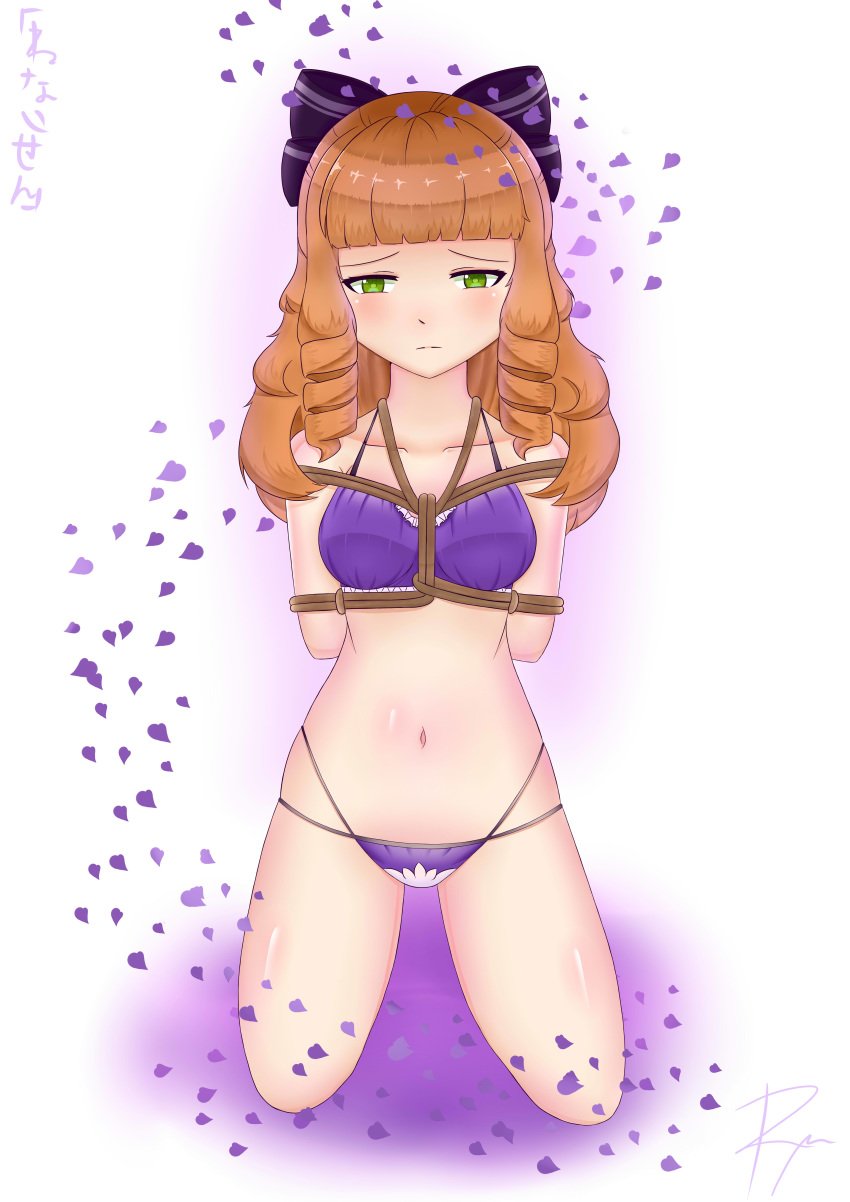 bondage brown_hair girl green_eyes guinevere_(mobile_legends) kneeling mobile_legends purple_panties underwear