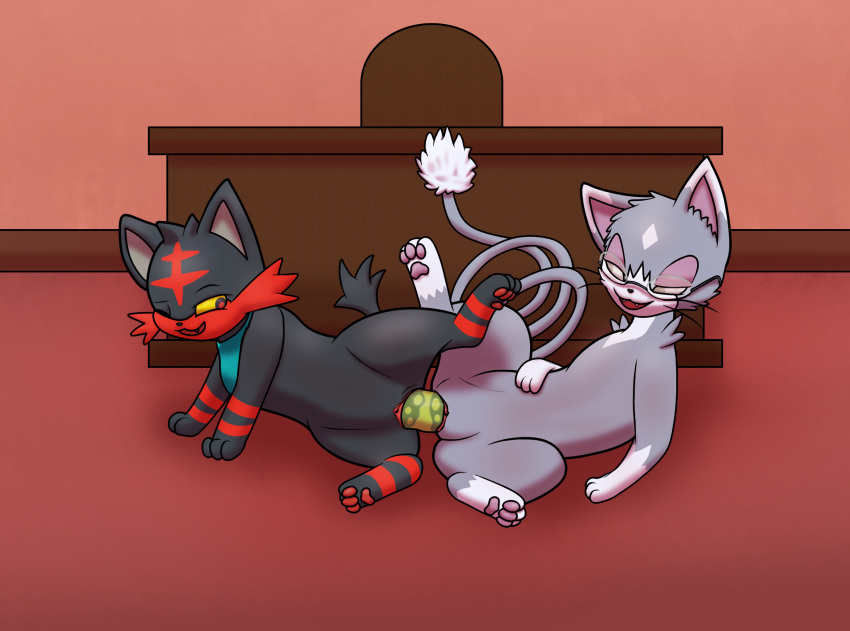 2girls feet feline female female_only feral feral_on_feral flat_chest furry gau_(artist) glameow half-closed_eyes hi_res interspecies litten mammal nintendo no_nipples nude one_eye_closed original_character paws pokémon_(species) pokemon pokemon_dppt pokemon_mystery_dungeon pokemon_sm rymherdier ryn_purrawri tail toy video_games yuri