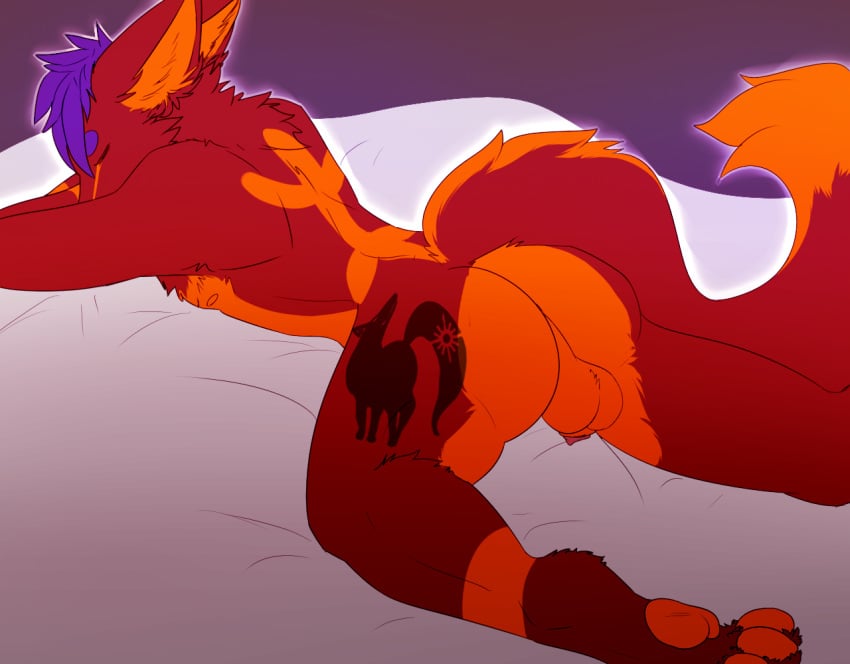 2018 anthro ass balls canid canine claws fox fur hair male mammal nivek nude pawpads paws red_fur redtoblack simple_background sleeping solo