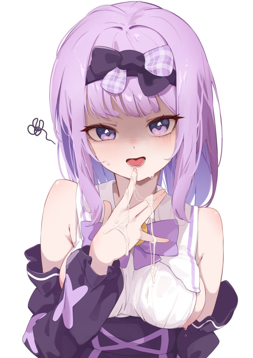 absurdres alice_(trickcal) armpit_crease bow bowtie breasts commentary cum cum_on_body cum_on_hands detached_sleeves disgust english_commentary female gloom_(expression) hair_intakes hairband high-waist_skirt highres large_breasts looking_at_viewer mawe127 medium_hair open_mouth partially_shaded_face purple_bow purple_bowtie purple_eyes purple_hair purple_hairband purple_skirt shirt sideboob simple_background skirt squiggle sweat tongue trickcal upper_body white_background white_shirt