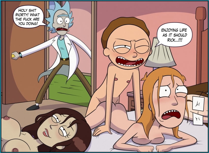 2boys 2girls ambiguous_penetration bent_over brother_and_sister caught comic doggy_style english_text female from_behind harem human incest male mop_goblin morty_smith multiple_boys multiple_girls nancy_(rick_and_morty) older_male on_bed rape rick_and_morty rick_sanchez sex sexual_assault sketchtoons smile summer_smith text tricia_lange