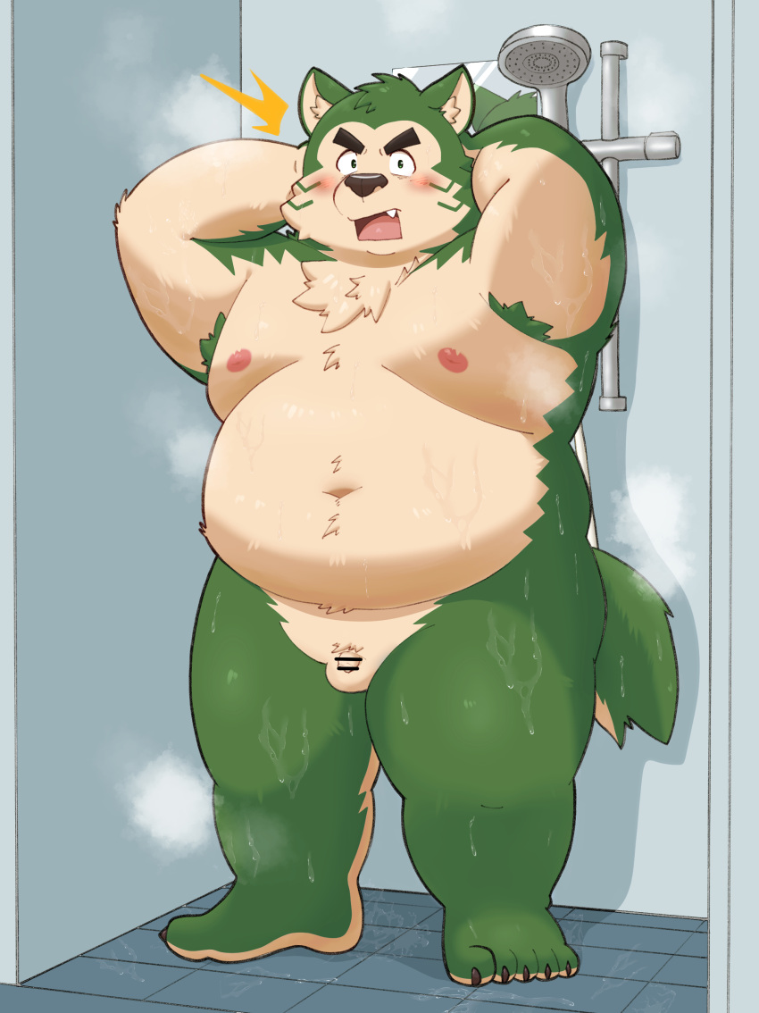 2024 absurd_res anthro balls bathing belly big_belly canid canine canis censored detailed_background domestic_dog flaccid genitals green_body hi_res kemono lifewonders live_a_hero male mammal micropenis mokdai moobs navel nipples overweight overweight_male penis small_penis solo surprised yaki_atsuage