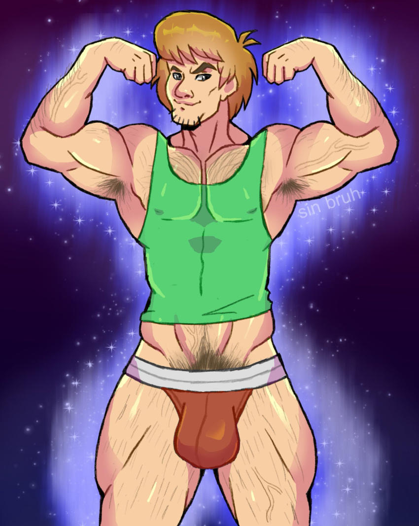 1boy arm_hair armpit_hair biceps body_hair bulge clothing human human_only looking_at_viewer male male_only mature_male muscular muscular_male posing scooby-doo shaggy_rogers sin_bruh solo solo_male tank_top underwear