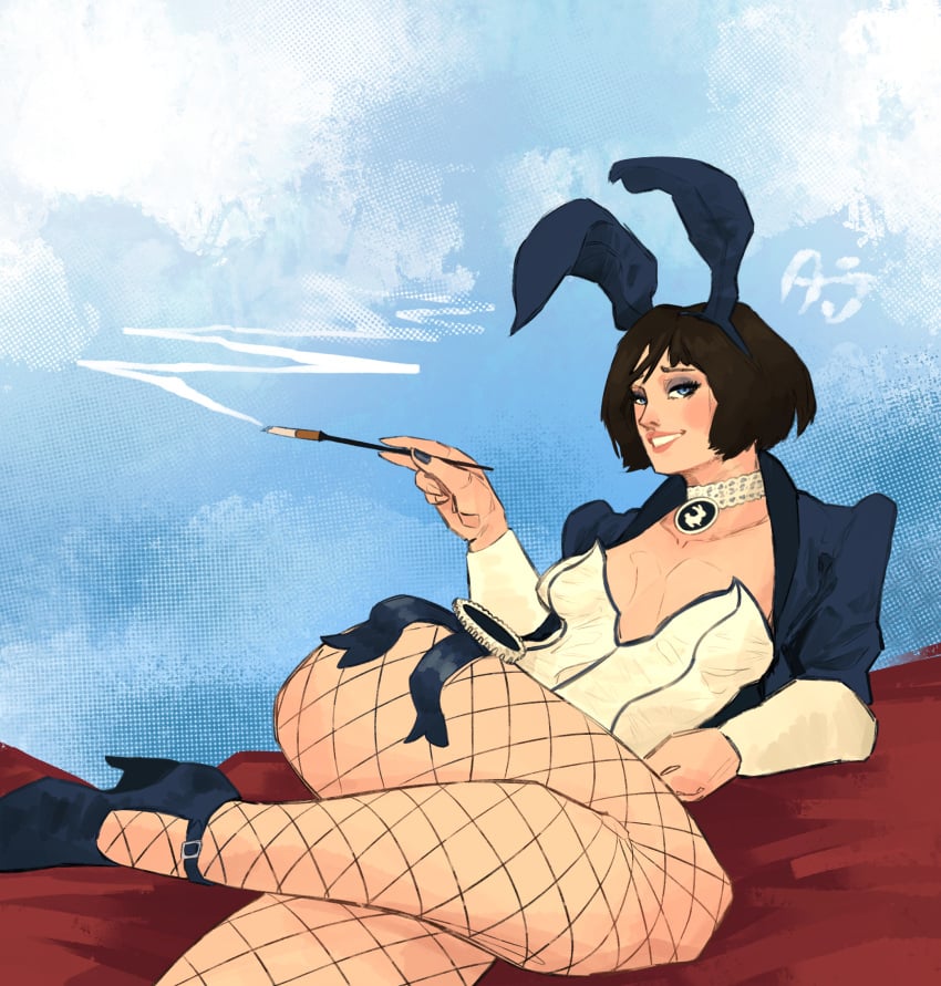 1girls applesauce_jack bioshock bioshock_infinite blue_eyes bob_cut bunny_ears bunnysuit choker clothed elizabeth_comstock fishnets jacket reclining shoes smiling smoking