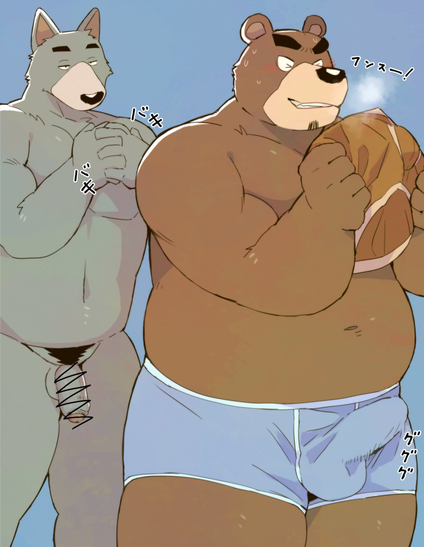 2024 anthro arufina_w balls balls_outline bear belly black_nose brown_body bulge canid canine canis clothing detailed_bulge domestic_dog duo erection erection_under_clothing genital_outline genitals hi_res kemono male mammal overweight overweight_male penis penis_outline simple_background sniffing sniffing_clothes underwear underwear_sniffing