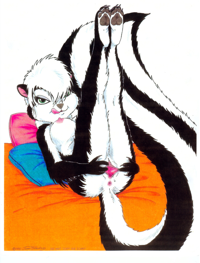 1990s 1995 20th_century absurd_res anthro anus ass black_fur breasts female fur green_eyes hair hi_res james_m_hardiman legs_up licking licking_lips lori_(jmh) lying mammal mephitid nipples nude on_back pussy self_lick skunk solo spread_pussy spreading tongue tongue_out white_fur white_hair