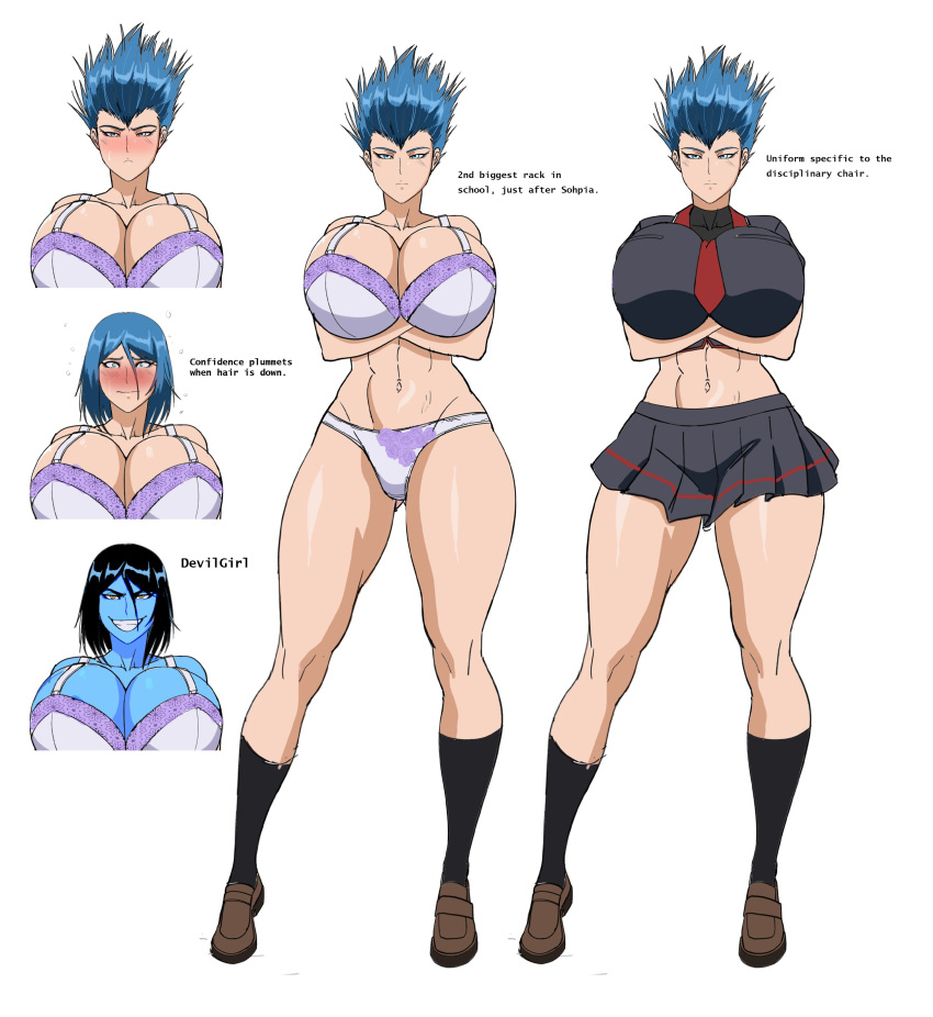 1girls big_breasts blue_body blue_hair blue_skin blush breasts deemlyart deemlystell_(artist) demon_girl large_breasts looking_at_viewer morgan_(deemlyart) short_hair solo split_form split_screen thighs